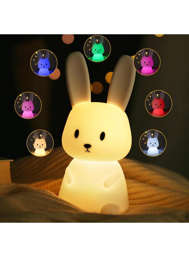 باني مصباح ليلي للأطفال، مصباح لمس محمول بسبعة ألوان متغيرة مع مؤقت، مصباح ليلي على شكل أرنب مصنوع من السيليكون قابل لإعادة الشحن عبر منفذ USB، مناسب لغرف الأطفال الرضع، وغرف نوم الأطفال الصغار، وغرف المعيشة للبنات. - Image 1